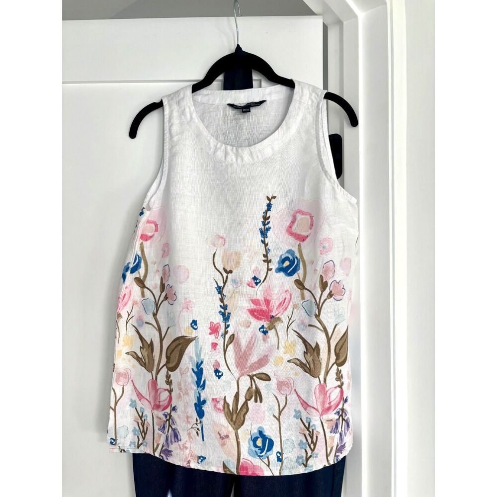 Charlie B White 100% Pure Linen Watercolor Floral Top Blouse Cottage Core XS Ext